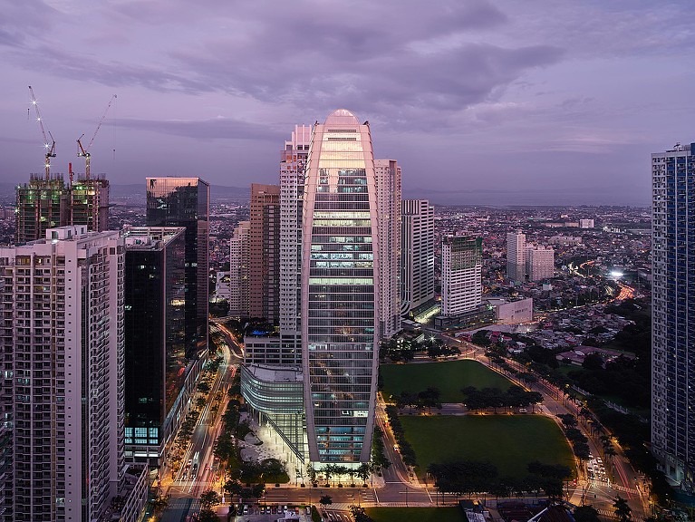 A city with tall buildings.